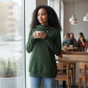 Chic Olive Cowl Neck Sweater with Button Detail
